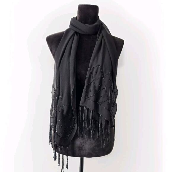 Womens Black Sheer Chiffon Beaded Finge Scarf Party Evening 19.5×66 In - Picture 1 of 3